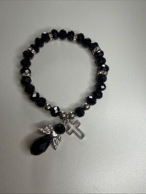 Black Beaded Angel & Cross Charm Bracelet - Women Jewelry